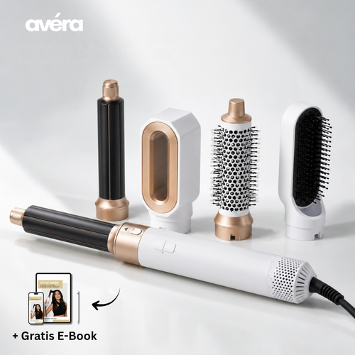avéra AirStyler in Weiß-Gold mit allen fünf Aufsätzen und Gratis-E-Book
