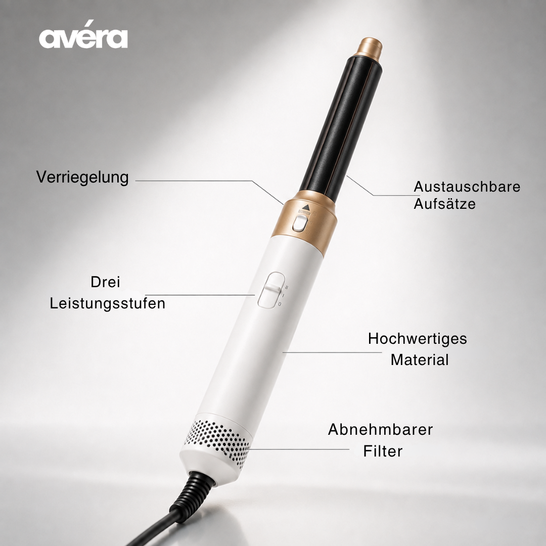 avéra AirStyler mit Beschriftung: Verriegelung, austauschbare Aufsätze, drei Leistungsstufen, abnehmbarer Filter