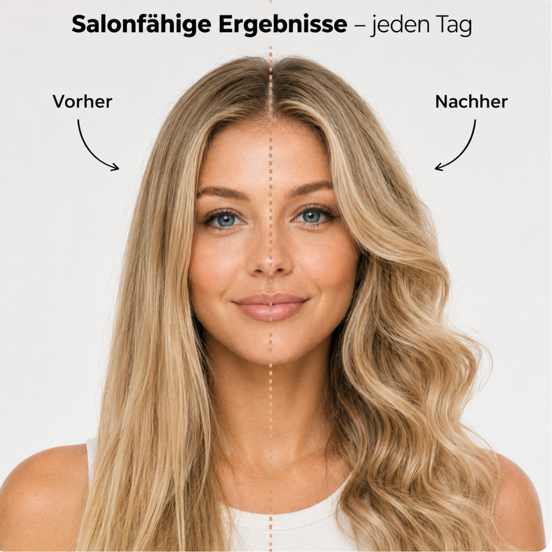 Vorher-Nachher-Ansicht: glattes und gewelltes Haar mit dem avéra AirStyler