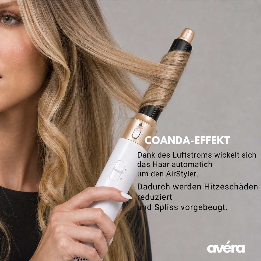 Nahaufnahme: Strähne wickelt sich durch den Luftstrom um den Lockenaufsatz (Coanda-Effekt)